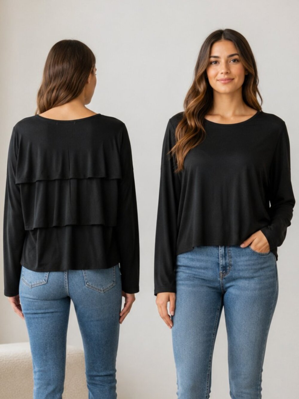 AMO Womens Black Cotton Blouse Size Medium Long Sleeve Ruffled Scoop Neck Top